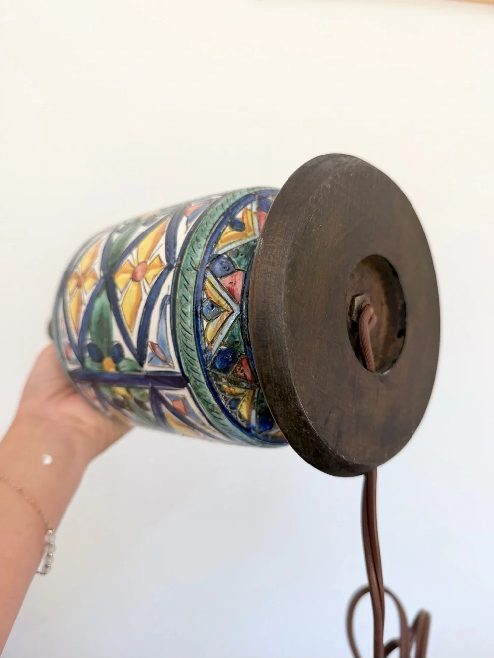 Vintage Majolica Hand Painted Italian Lamp WORKS Gorgeous Floral Geo Print Blue